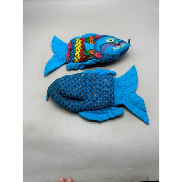 Colorful Fish Shaped Quilted Potholders By David E. Glatt set of 2 colorful blue - Picture 2 of 15